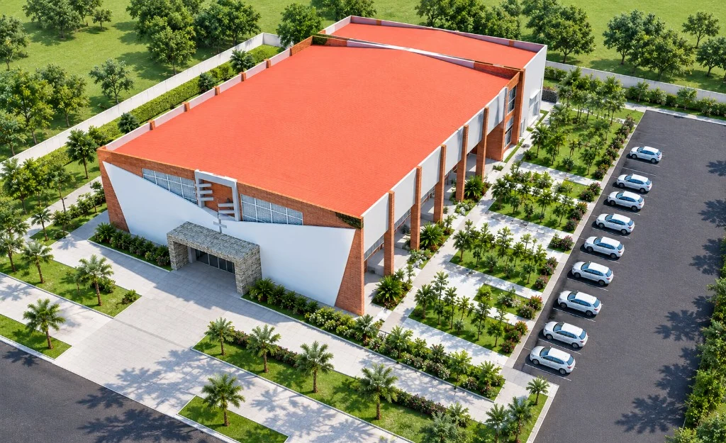 Aerial view of the proposed church with a red roof, gardens, and parking