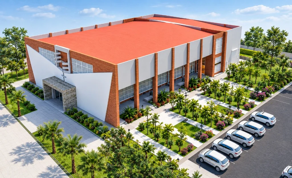 Aerial approach to the proposed church showing the entrance, gardens, and parking